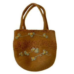 Vintage Felted Wool Embellished Mustard Yellow Purse Handbag